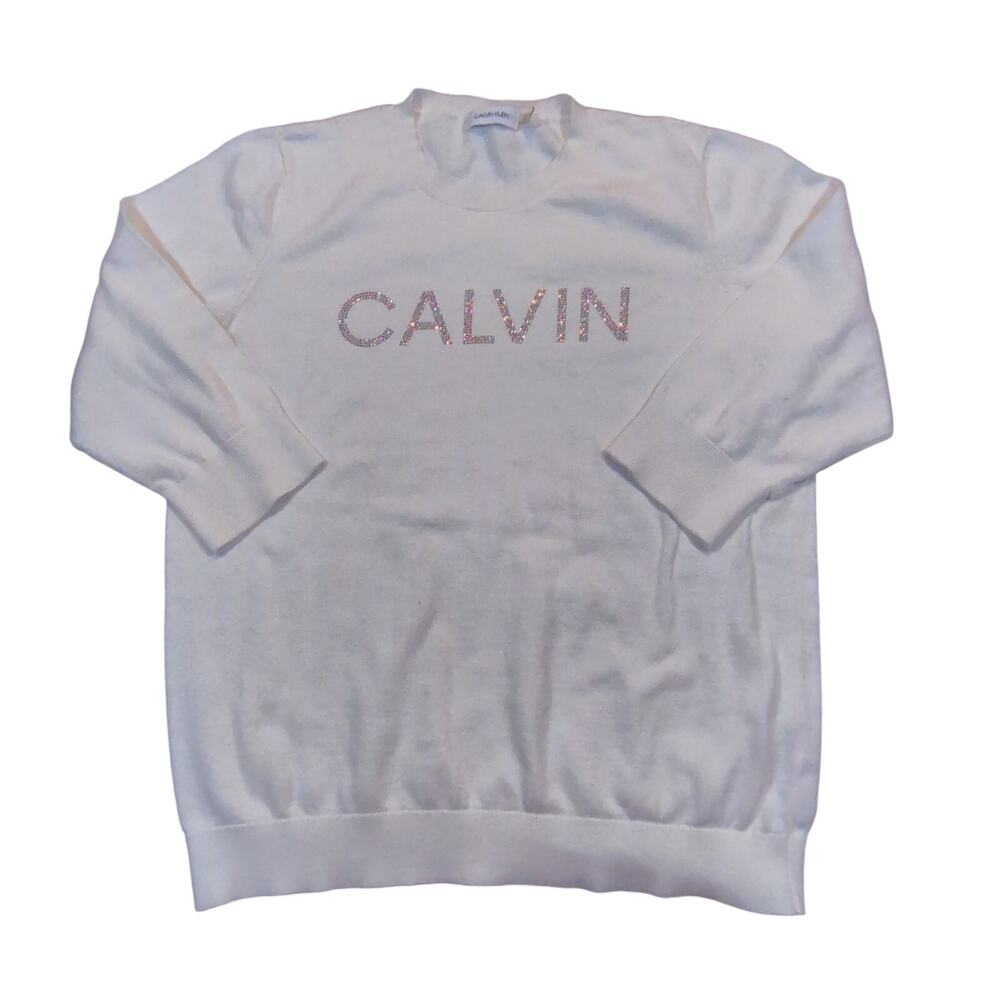 Calvin Klein Sweater Womens M White Rhinestone Logo Crewneck Pullover Knit